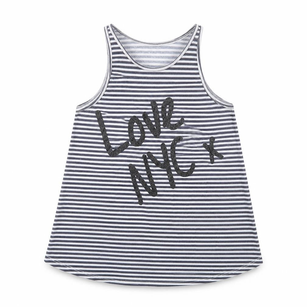 Front view of H&M girls’ blue striped basic tank, size 10-11, years