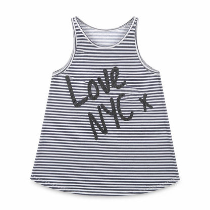 Front view of H&M girls’ blue striped basic tank, size 10-11, years