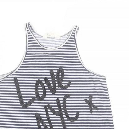 Close-up detail of H&M girls’ blue striped basic tank, size 10-11, years