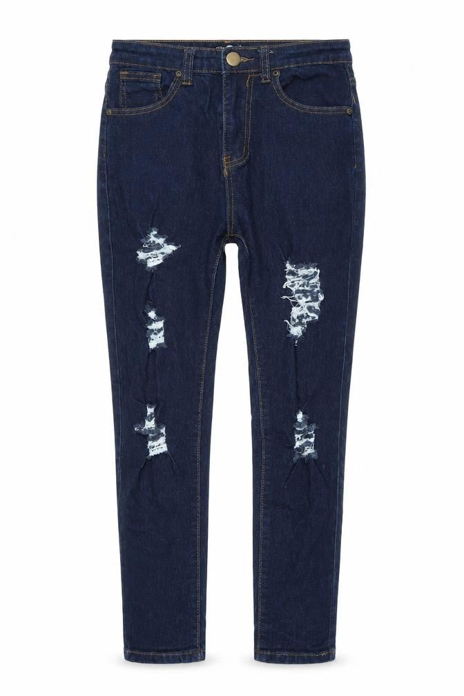 Front view of Boohoo women’s blue denim skinny jeans, size UK 8, 26-inch leg