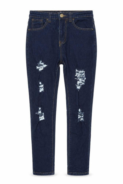 Front view of Boohoo women’s blue denim skinny jeans, size UK 8, 26-inch leg