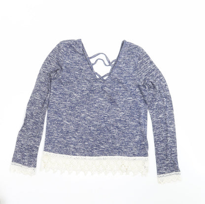 Preworn Womens Blue  Knit Pullover Jumper Size 8  - crochet hem