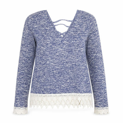 Front view of Preworn women’s blue knit jumper, size UK 8, - crochet hem