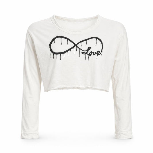 Front view of Rock & Rose women’s white cropped t-shirt, size L, - love