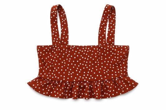 Front view of Missguided women’s brown polka dot cropped tank, size UK 6