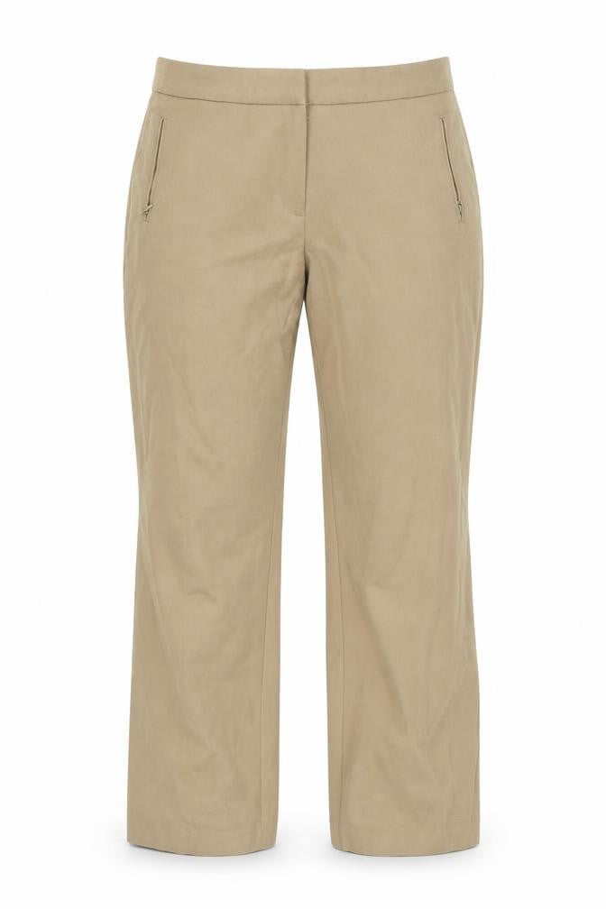 Front view of Marks & Spencer women’s beige trousers, size UK 12, 27-inch leg