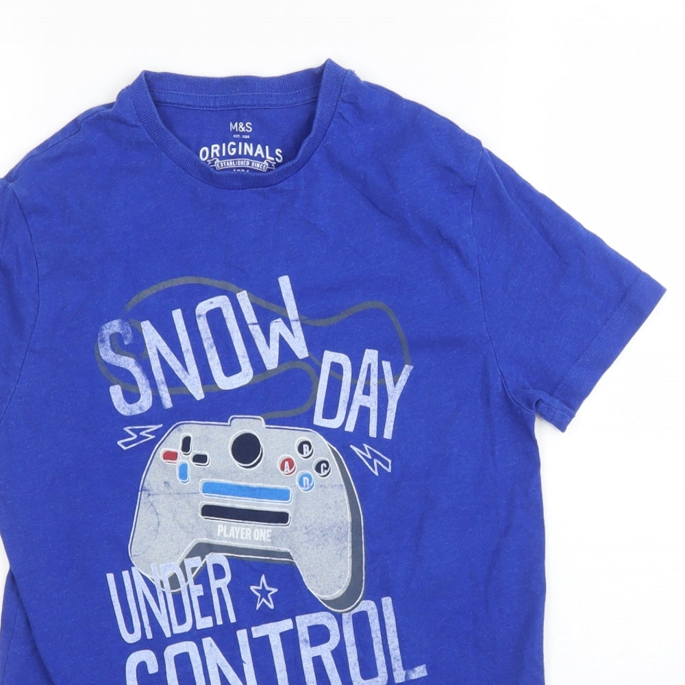 Close-up detail of Marks & Spencer boys’ blue basic t-shirt, size 10, years
