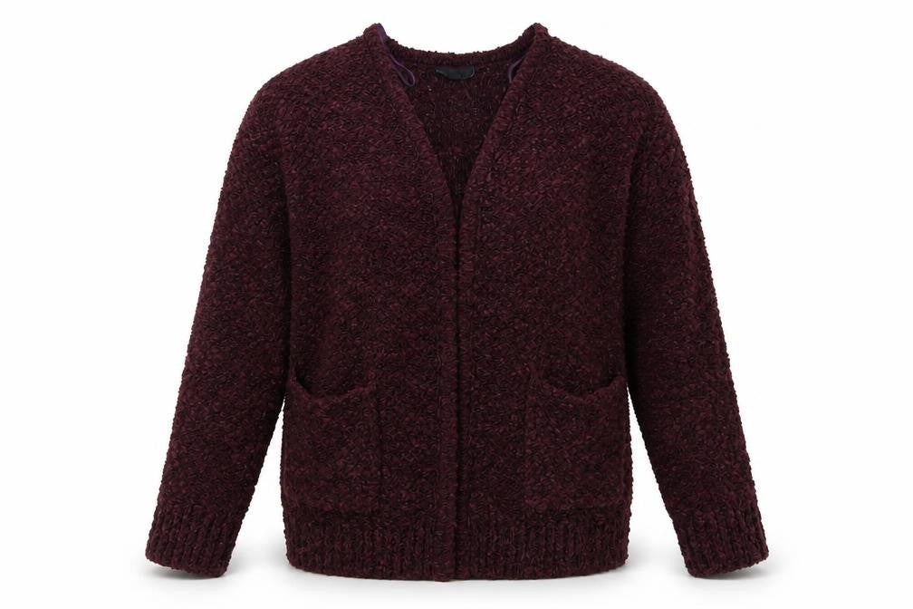 Front view of Topshop women’s red cardigan jumper, size UK 8