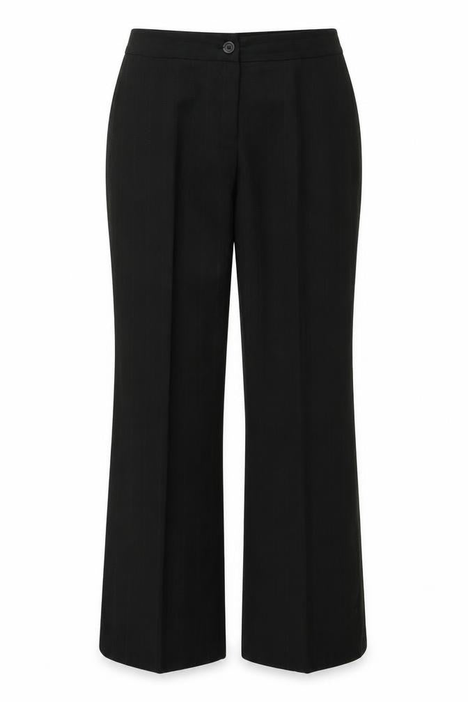 Front view of Marks & Spencer women’s black striped trousers, size UK 12, 25-inch leg