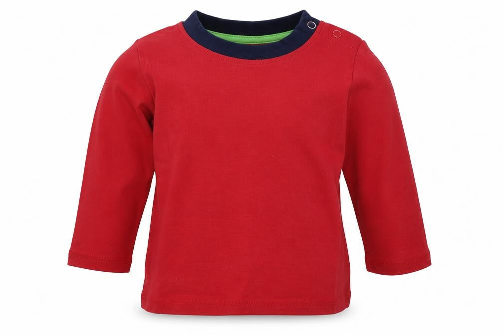 Front view of Hullabaloo boys’ red basic t-shirt, size 9-12, months