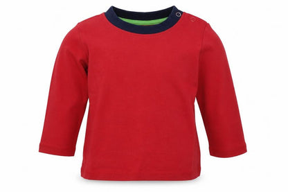 Front view of Hullabaloo boys’ red basic t-shirt, size 9-12, months