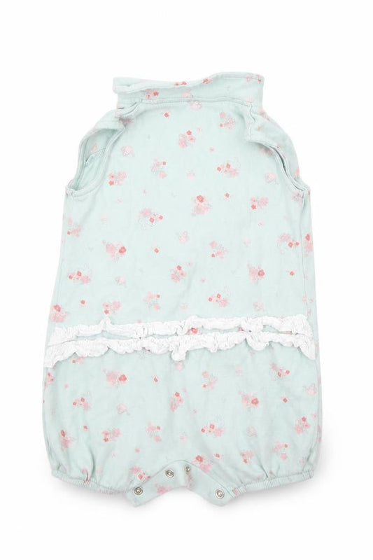 Front view of Little Nutmeg Baby Green Floral Babygrow One-Piece, size 3-6, Months