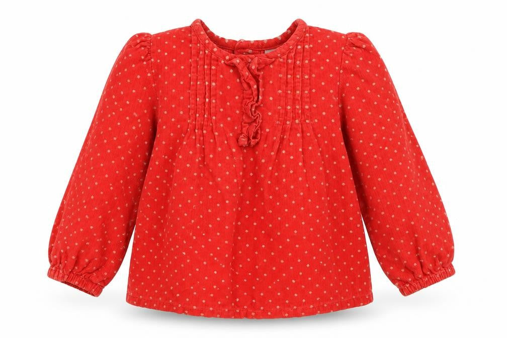 Front view of Mini Club girls’ red polka dot basic blouse, size 3-4, years