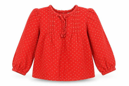 Front view of Mini Club girls’ red polka dot basic blouse, size 3-4, years