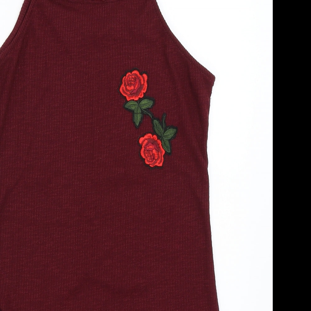 Close-up detail of Hot Kiss women’s red basic tank, size S