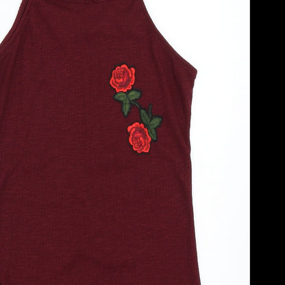 Close-up detail of Hot Kiss women’s red basic tank, size S