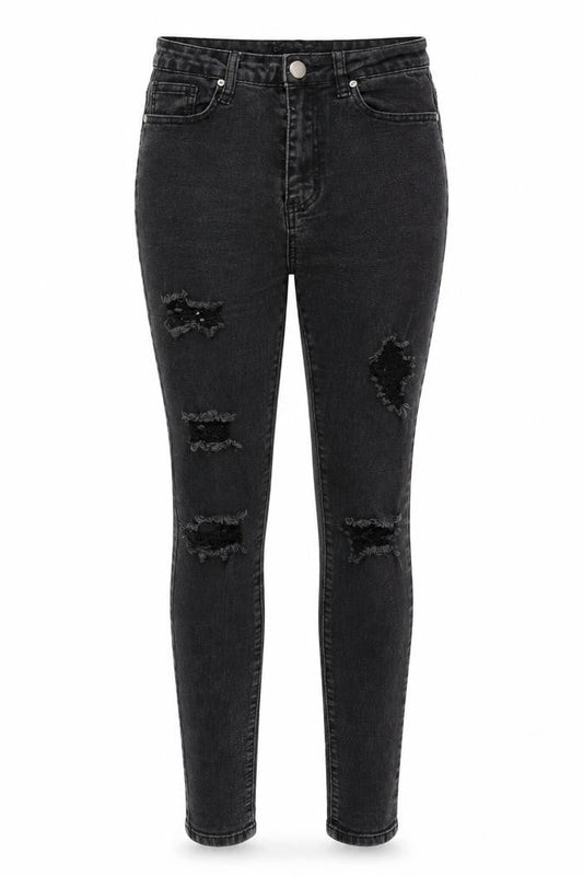 Front view of Boohoo women’s black denim skinny jeans, size UK 8, 28-inch leg