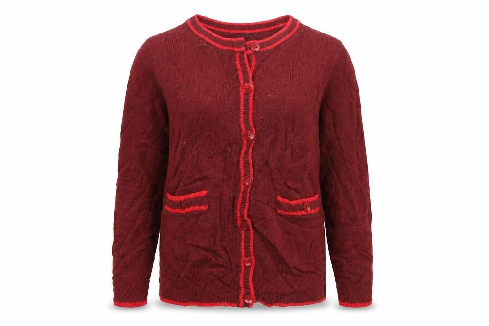 Front view of Marks & Spencer women’s red cardigan jumper, size UK 14