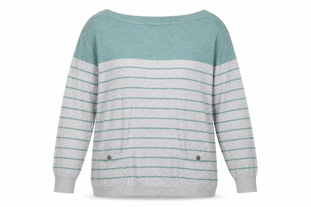 Front view of Debenhams women’s grey striped jumper, size UK 18