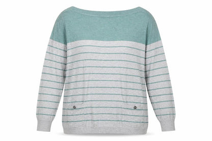 Front view of Debenhams women’s grey striped jumper, size UK 18
