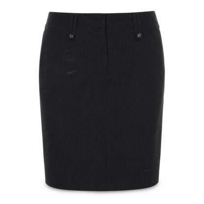 Front view of Preworn women’s black striped rayon a-line skirt, size UK 12