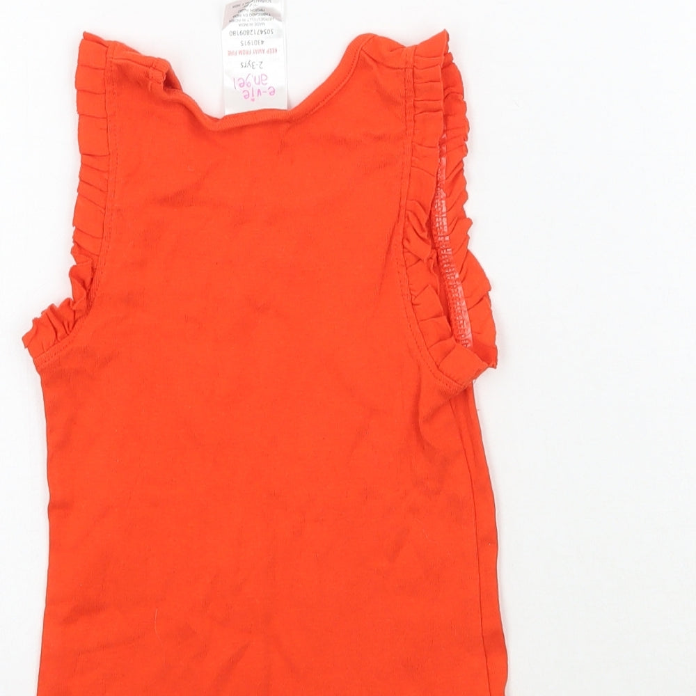 Brand and care label for Evie girls’ orange basic tank, size 2-3, years