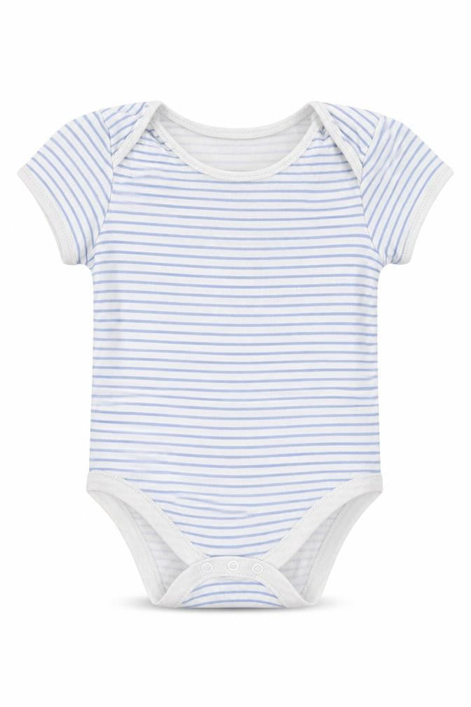 Front view of Primark Baby Blue Striped Romper One-Piece, size 18-24, Months