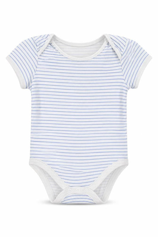 Front view of Primark Baby Blue Striped Romper One-Piece, size 18-24, Months