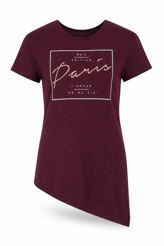 Front view of Atmosphere women’s purple tunic t-shirt, size UK 10, - diagonal hem no 5 edition paris