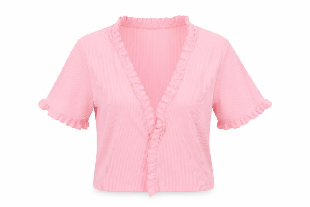 Front view of Reclaimed Vintage women’s pink cardigan jumper, size S