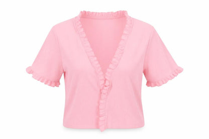 Front view of Reclaimed Vintage women’s pink cardigan jumper, size S