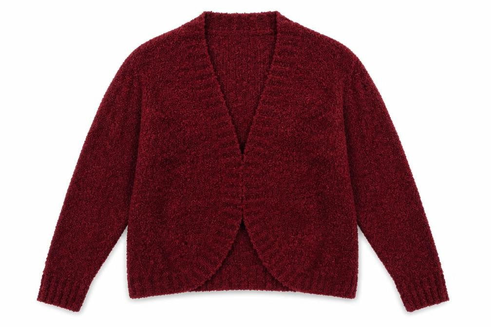 Front view of Preworn women’s red cardigan jumper, size XL