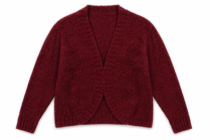 Front view of Preworn women’s red cardigan jumper, size XL