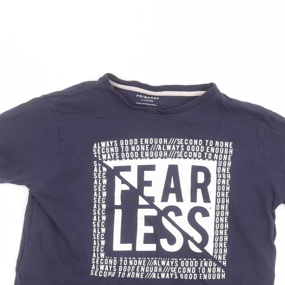 Close-up detail of Primark boys’ blue basic t-shirt, size 10-11, years