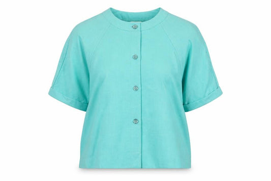 Front view of Whim! women’s blue basic button-up, size UK 14