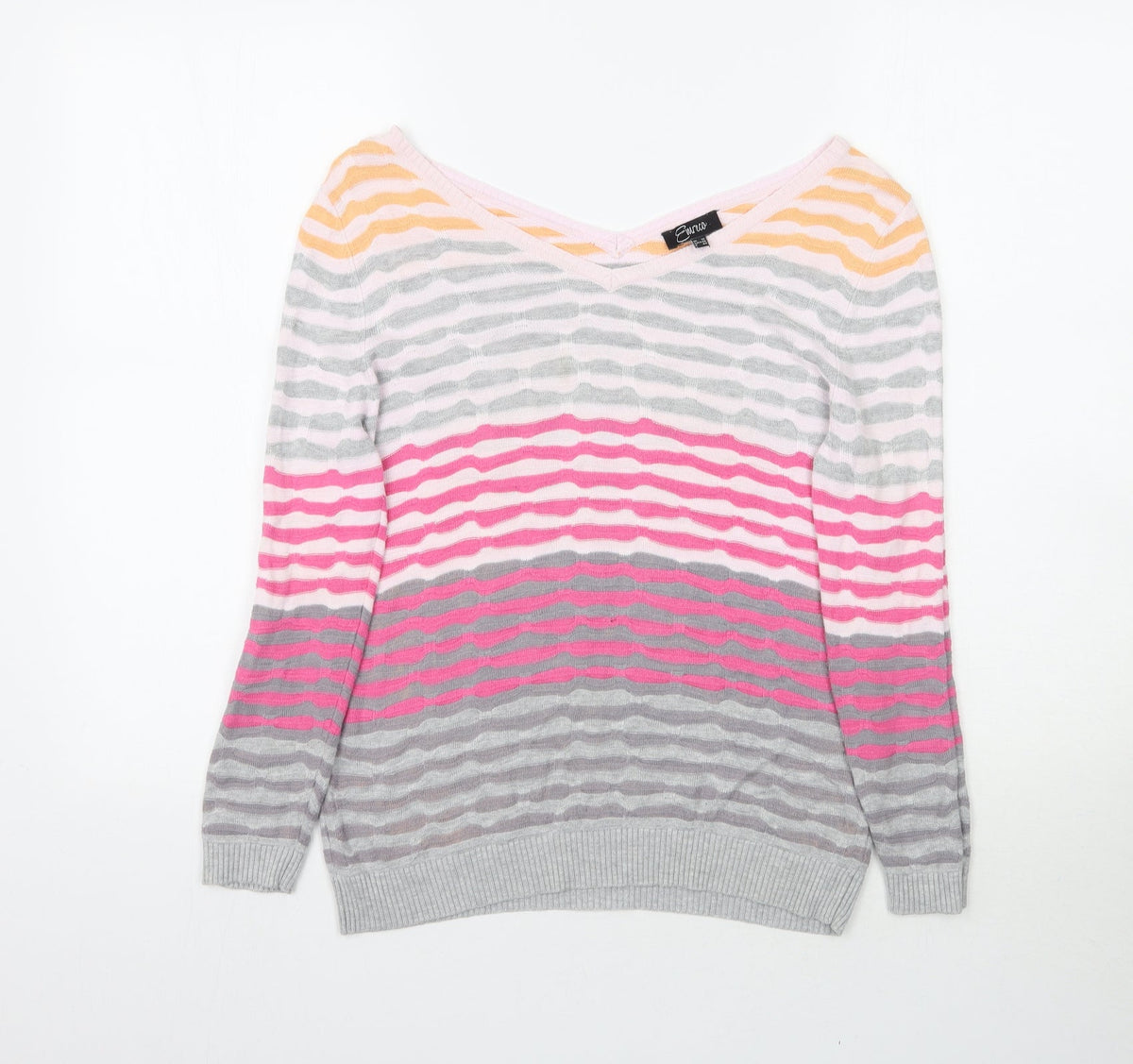Front view of Eureca women’s multicoloured striped knit jumper, size UK 12