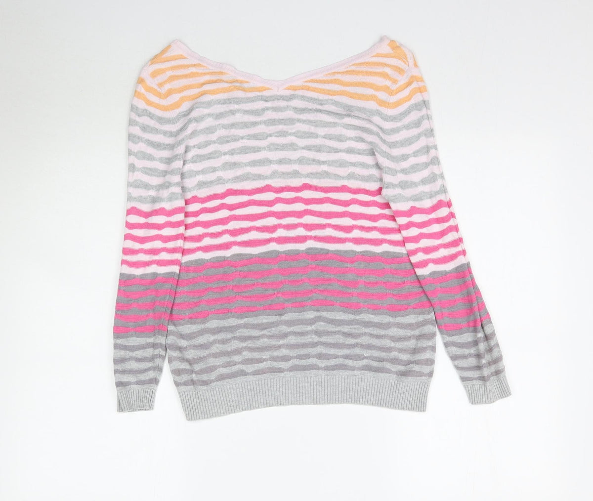 Back view of Eureca women’s multicoloured striped knit jumper, size UK 12