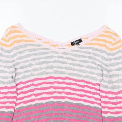 Close-up detail of Eureca women’s multicoloured striped knit jumper, size UK 12