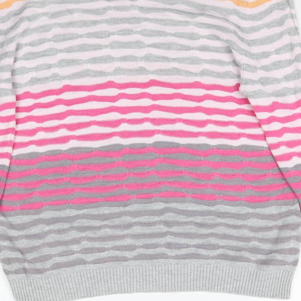 Brand and care label for Eureca women’s multicoloured striped knit jumper, size UK 12