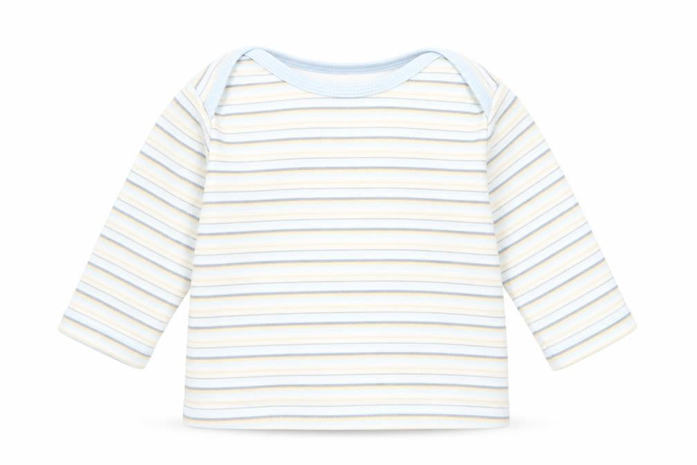 Front view of Marks & Spencer boys’ blue striped basic t-shirt, size 6-9, months
