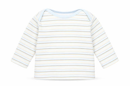 Front view of Marks & Spencer boys’ blue striped basic t-shirt, size 6-9, months
