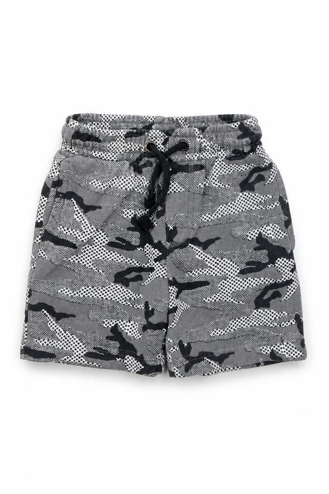 Front view of Nutmeg boys’ grey camouflage sweat shorts, size 4, years