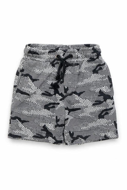 Front view of Nutmeg boys’ grey camouflage sweat shorts, size 4, years