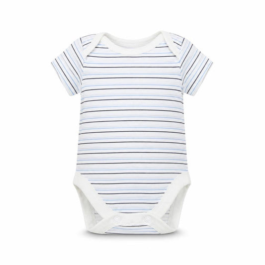 Front view of Nutmeg Baby White Striped Babygrow One-Piece, size 0-3, Months - Tiny baby