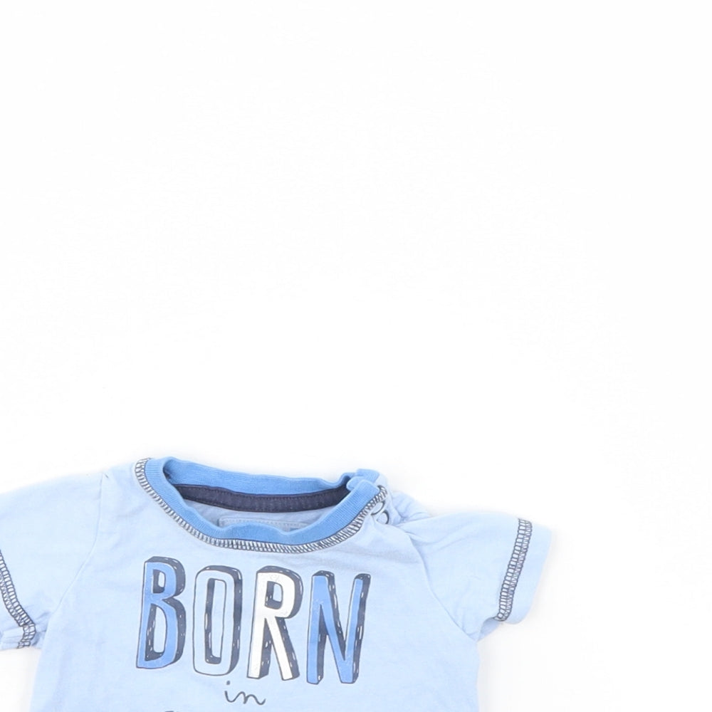 Close-up detail of Tu girls’ blue basic t-shirt, size 0-3, months - tiny baby