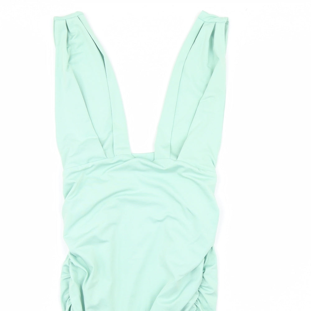 Close-up detail of Blush mark women’s green bodycon, size L