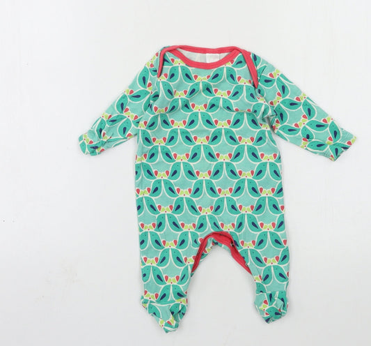 Front view of Mini Cub girls’ green geometric jersey babygrow one-piece, size 0-3, months - bird print