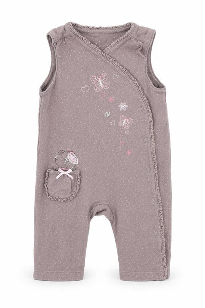 Front view of Tu girls’ grey polka dot jacquard romper one-piece, size 3-6, months