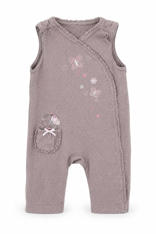 Front view of Tu girls’ grey polka dot jacquard romper one-piece, size 3-6, months