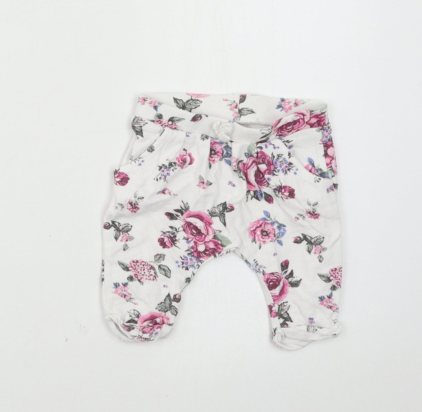 Nutmeg Girls White Floral Jersey Jogger Trousers Size 0-3 Months